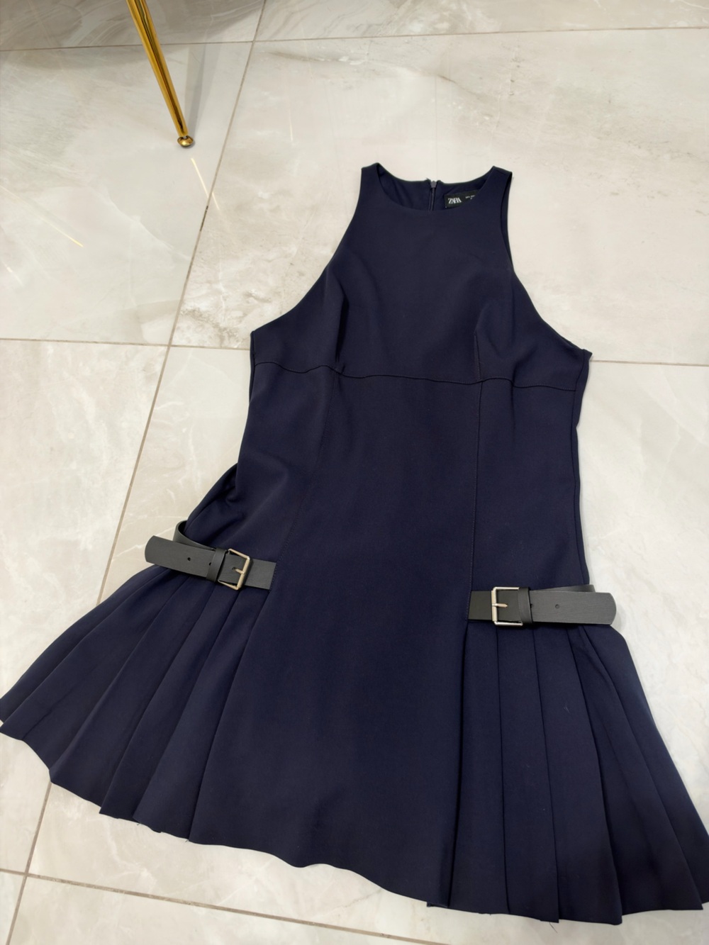 Zara Navy Sleeveless Pleated Belted Dress